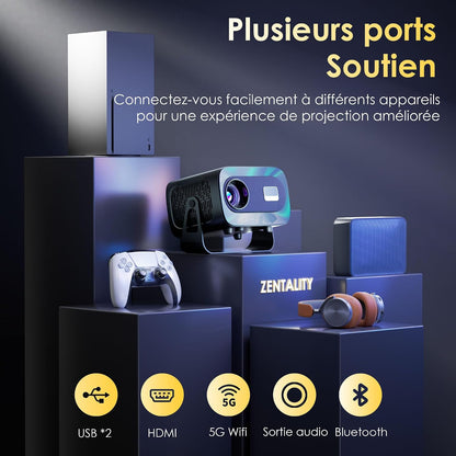 [App Intégrée] Vidéoprojecteur 1080P 4K Supporte Mini Projecteur Home Cinéma Projecteur Video Supporté Pour Correction Trapézoïdale Automatique, Android TV BT5.1 360° Rotation, TV Stick/Avec HDMI,