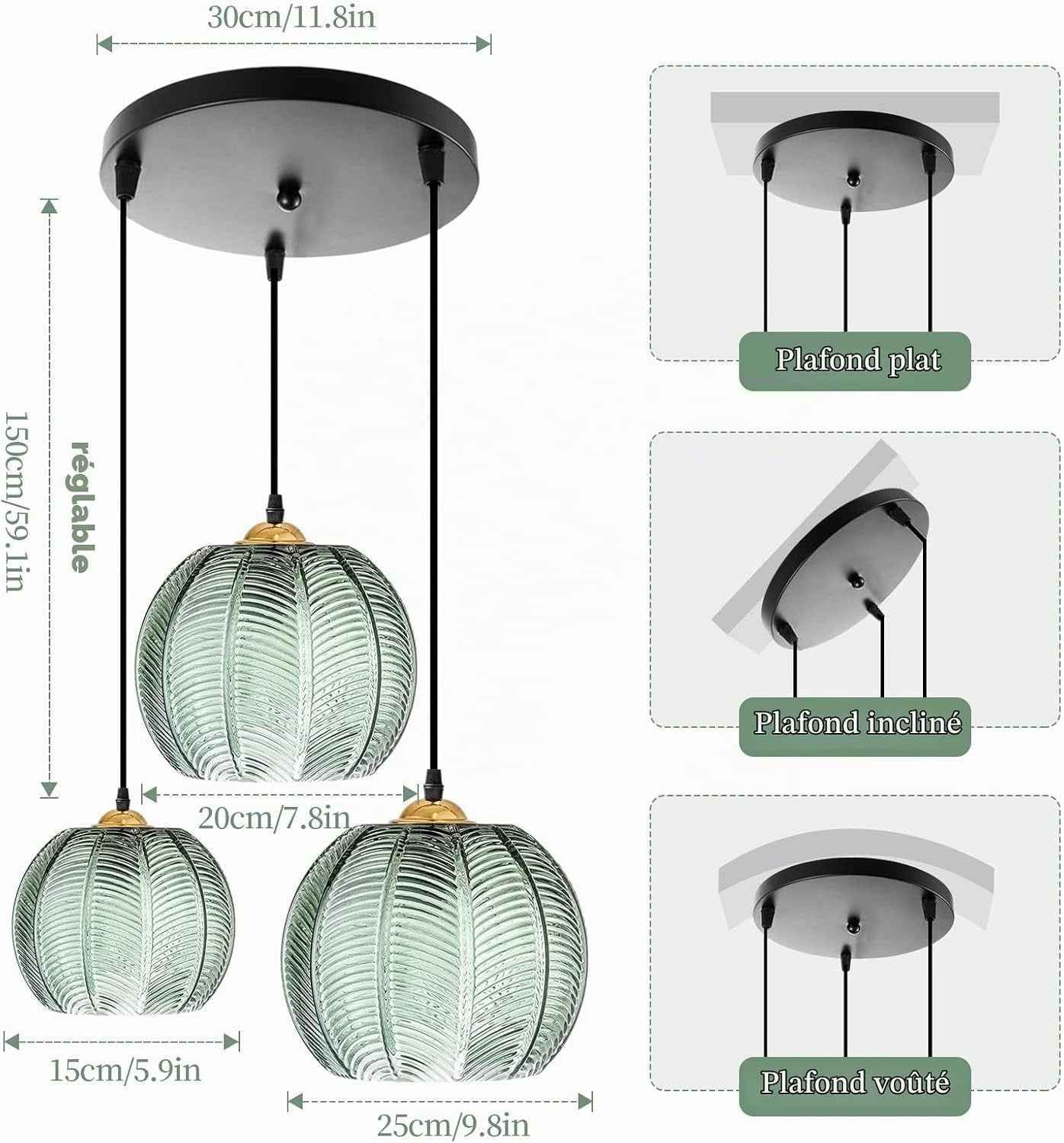 Suspension Luminaire Verre, Lustre Salon Moderne, Abat-Jour En Verre Réglable En Hauteur,Cordon 150 Cm, Pour Chambre,Cuisine,Salle À Manger E27 Ampoule