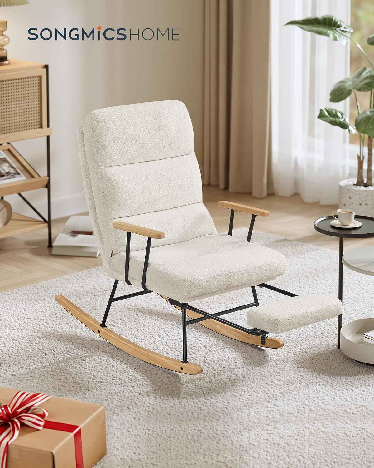 Fauteuil À Bascule, Pieds En Bois D'Hévéa, Tissu Peluche, Chaise À Bascule, Dossier Réglable Sur 4 Positions, Supporte Jusqu'À 160 Kg, Pour Chambre, Salon, Blanc Crème LYY016W01