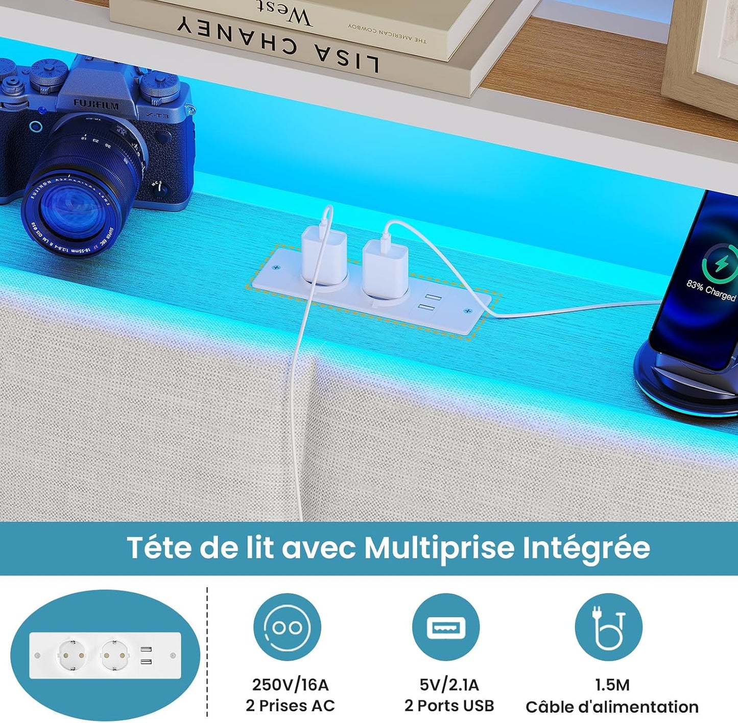 Lit 180X200 Avec Sommier Métal, Cadre De Lit 180X200 Cm Avec Lumières LED Et Multiprise (2 Prises AC, 2 Ports USB) Lit 2 Personnes Avec Tête De Lit Rembourrée Et Rangement, Moderne, Blanc