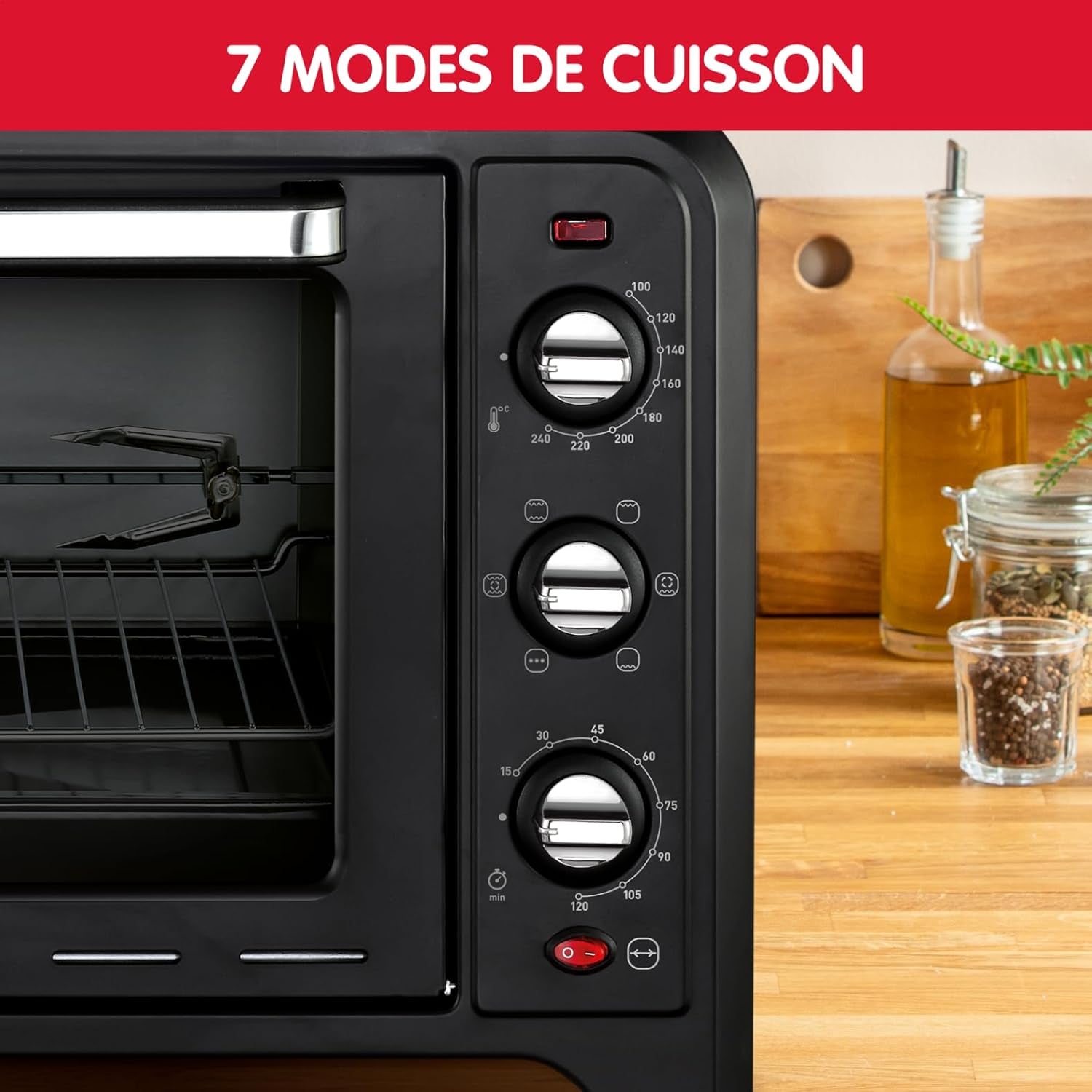 Four Électrique 39 L, 7 Modes De Cuisson, Chaleur Tournante, Thermostat Réglable Jusqu’À 240° C, Tournebroche, Minuteur 120 Min, Grille Réversible, Optimo Noir OX485810