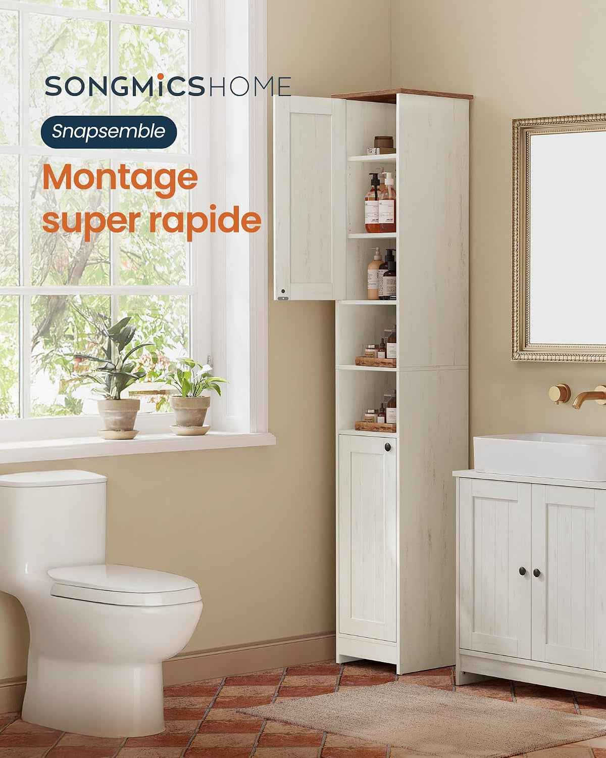 Meuble De Salle De Bain Haut, Snapsemble Montage Super Rapide, Colonne De Rangement, Avec Étagères Réglables, Pour Salon, Entrée, 30 X 30 X 170 Cm, Blanc Rustique BBC667WJ01 | Armoire De Rangement Avec Étagères Réglables, 30 X 30 X 170 Cm, Pour Petit Espa