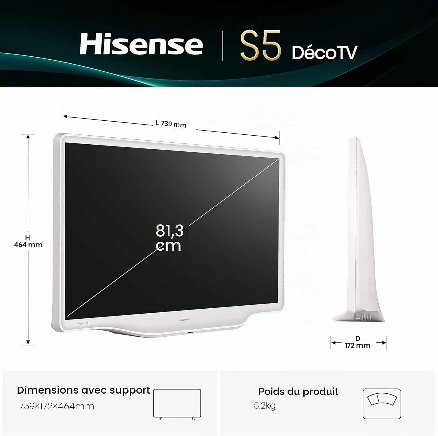 Hisense 32S5Q Smart TV QLED 32" (80 Cm) 2025 Full HD | Dolby Atmos | Pied Central | Finition Blanc Morandi | VIDAA U9