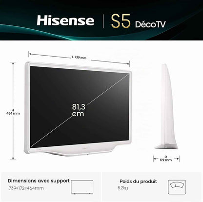 Hisense 32S5Q Smart TV QLED 32" (80 Cm) 2025 Full HD | Dolby Atmos | Pied Central | Finition Blanc Morandi | VIDAA U9