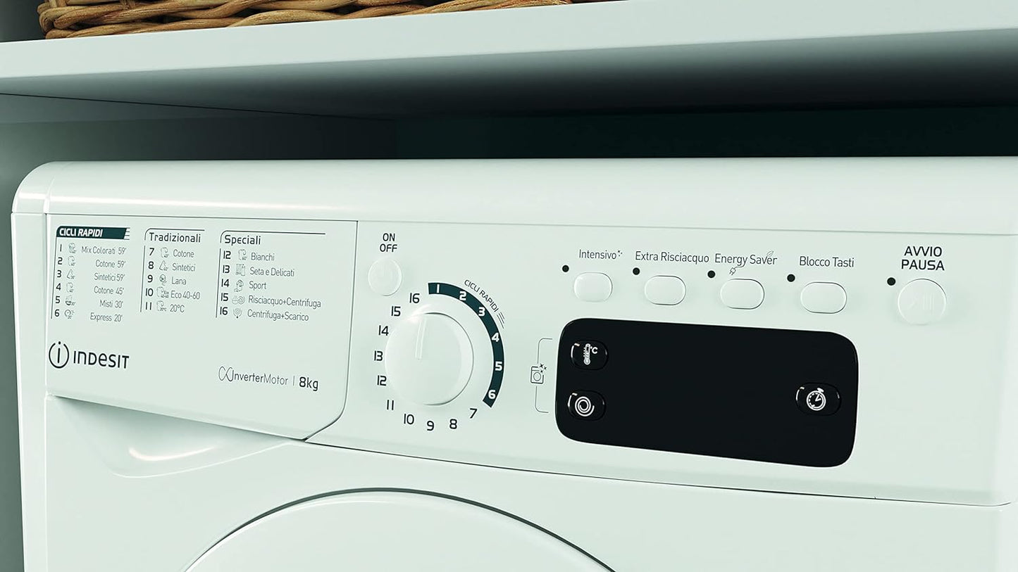Indesit EWE 81284 W IT- Machine À Laver 8 Kg Libre Installation, Charge Avant. Centrifugeuse 1200 Tours Par Minute. Largeur 59,5 Cm, Profondeur 57,2 Cm, Hauteur 85 Cm, Classe Énergétique C