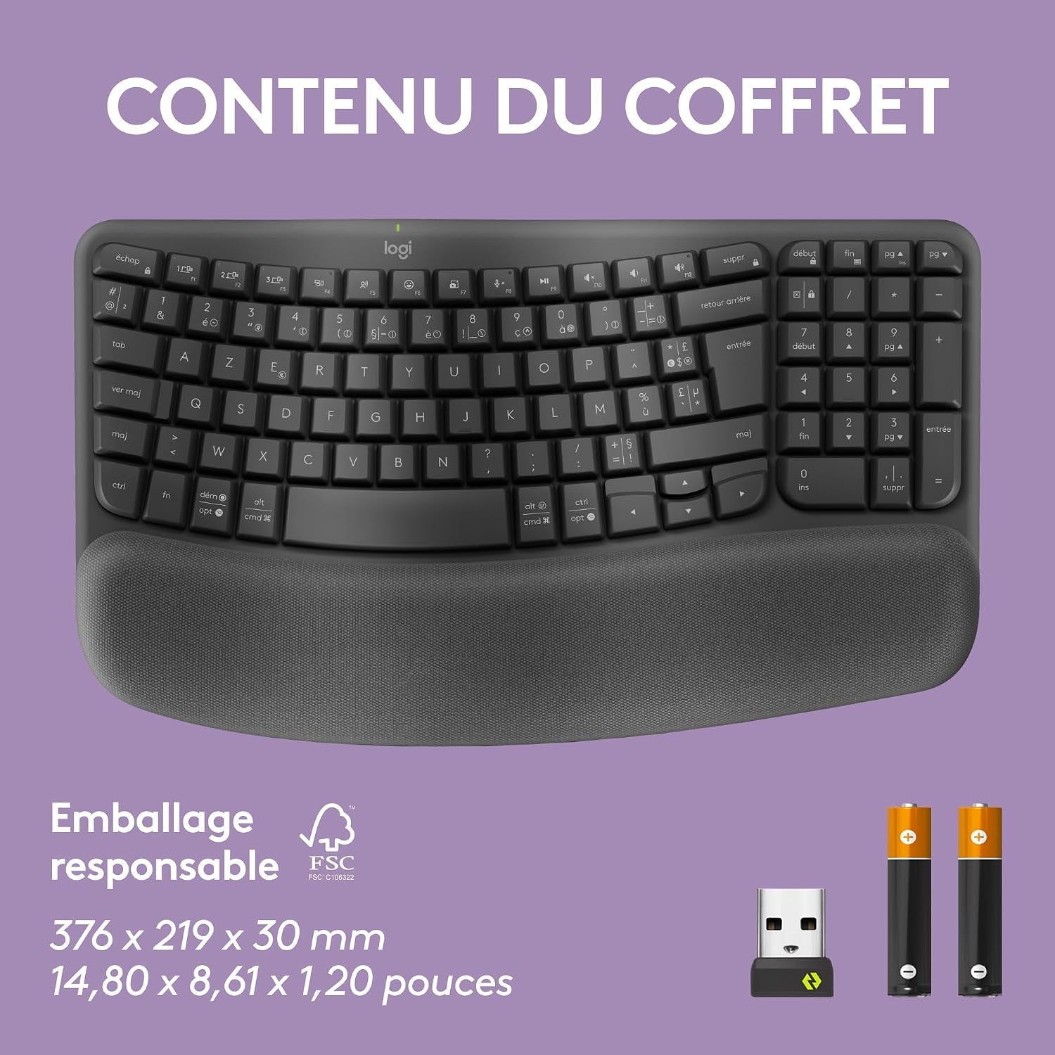 Wave Keys - Clavier Ergonomique Sans Fil (Graphite) | Repose-Poignets Rembourré, Frappe Naturelle, Easy-Switch, Bluetooth, Récepteur Logi Bolt, Multi-Se, Windows/Mac, AZERTY