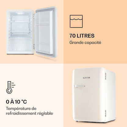 Audrey Mini - Petit Réfrigérateur, Mini-Bar Compact, Autonome, Réfrigération Par Compression, Capacité, Réfrigération : 0-10 °C, Mini-Réfrigérateur D'Une Capacité De 70 Litres, Blanc