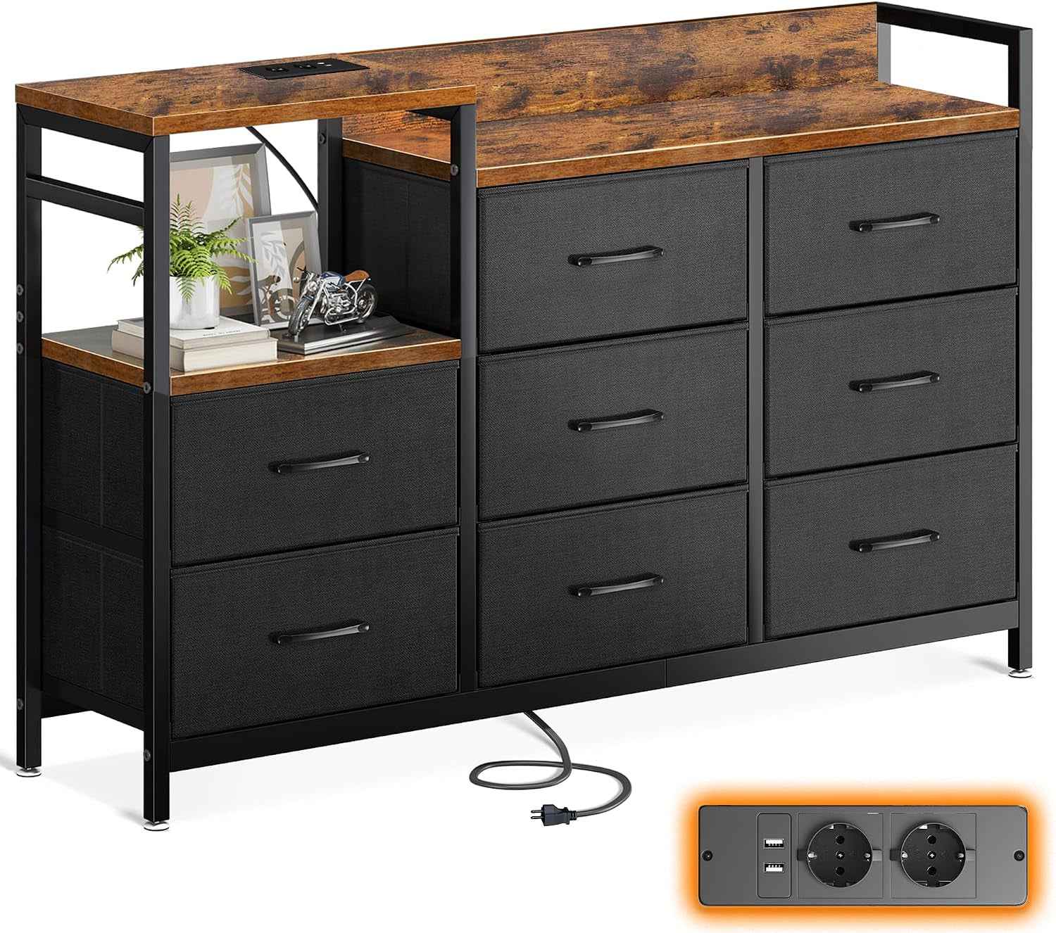 Commode Chambre, 2 Ports USB Et 2 Ports AC, 8 Vintage Tissu Tiroirs | Cadre En Acier Robuste, Plateau En Bois, Commode Salon, 132 X 30 X 88 Cm