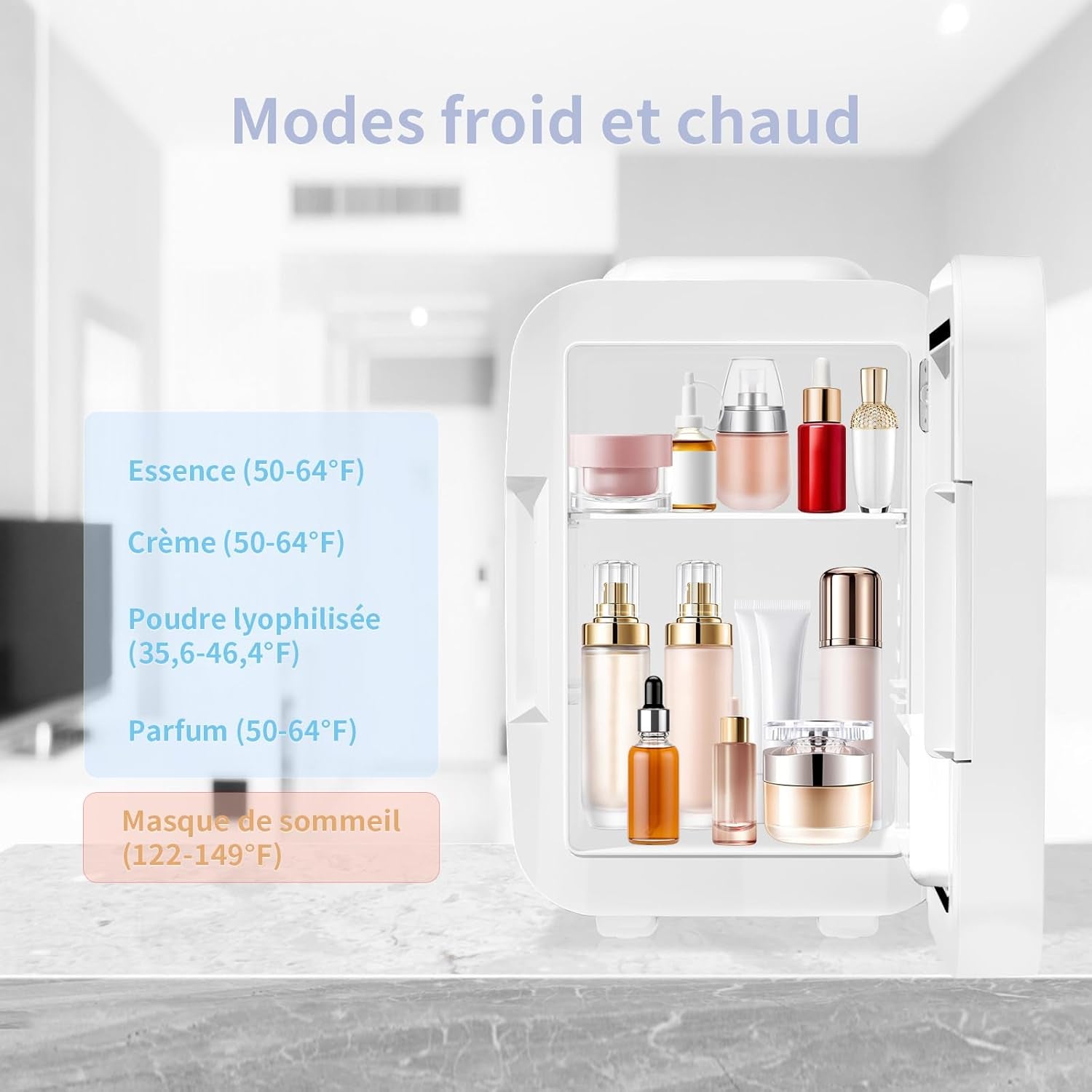 Mini Frigo Pour Chambre, Frigo Skincare Avec Miroir LED, Petit Frigo De 4L Portable, Thermoelectrique Chauffe & Refroidisseur 220V AC / 12V DC Pour Voiture, Bureau, Dortoir (Blanc)