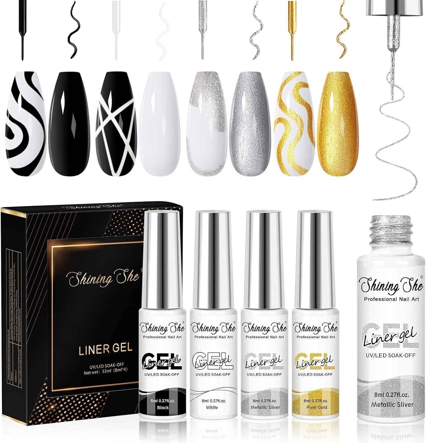 Vernis Semi Permanent, 4 Couleurs Noir or Argenté Blanc Vernis À Ongles Gel Liner Kit Soak off UV/LED Semi-Permanent Manucure Kit Pour Salon De Manucure DIY Home, 8Ml