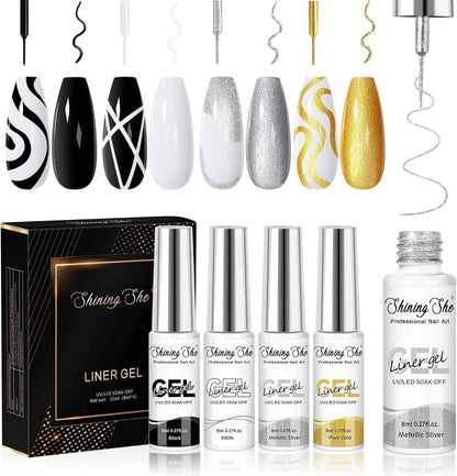 Vernis Semi Permanent, 4 Couleurs Noir or Argenté Blanc Vernis À Ongles Gel Liner Kit Soak off UV/LED Semi-Permanent Manucure Kit Pour Salon De Manucure DIY Home, 8Ml