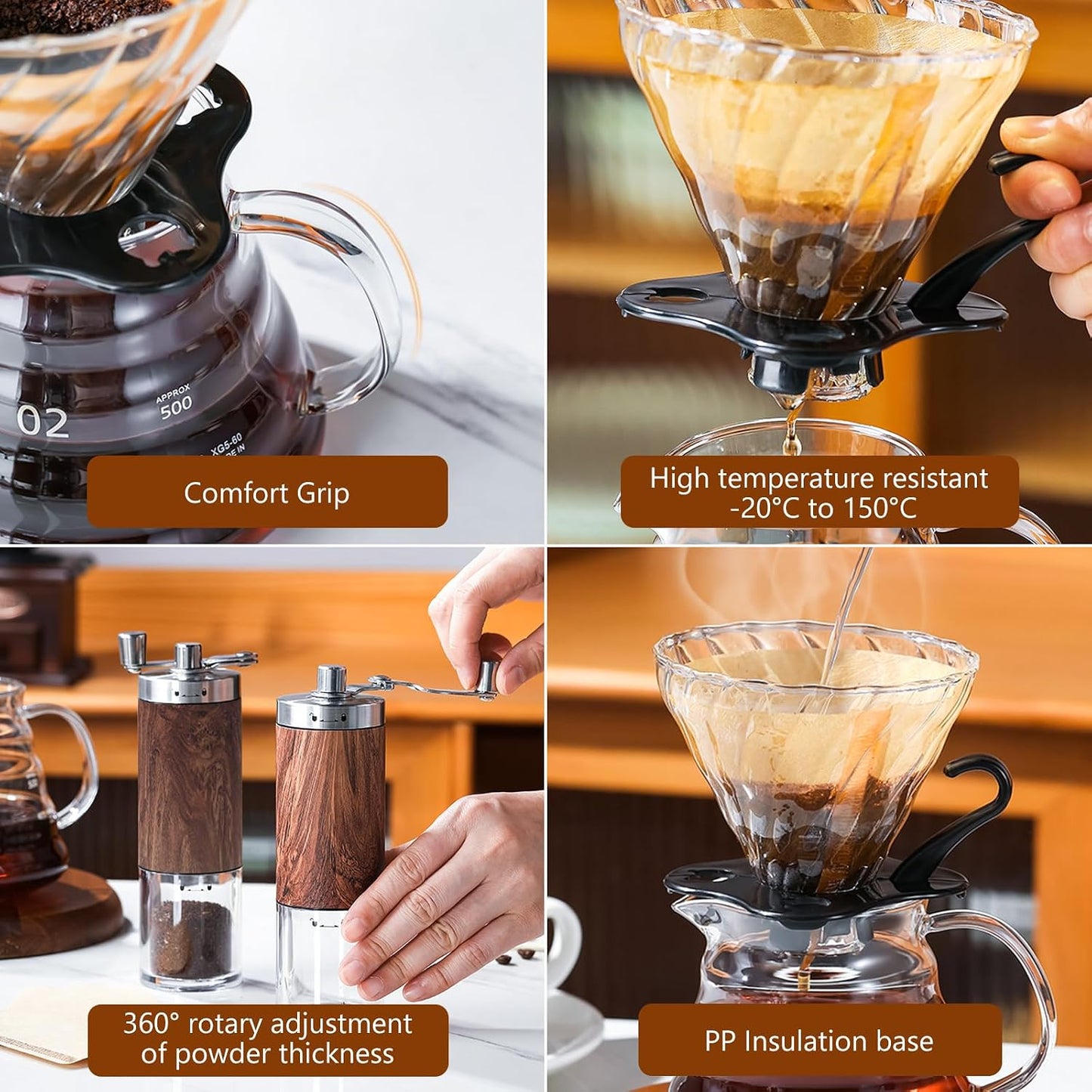Ensemble De Moulin À Café Manuel De 7 Pièces,Ensemble D'Outils De Brassage De Café Portable,Coffee Grinder Degré Avec Bouilloire 600Ml,Mouture Réglable,Outdoor Travel Picnic（100 Filtres）