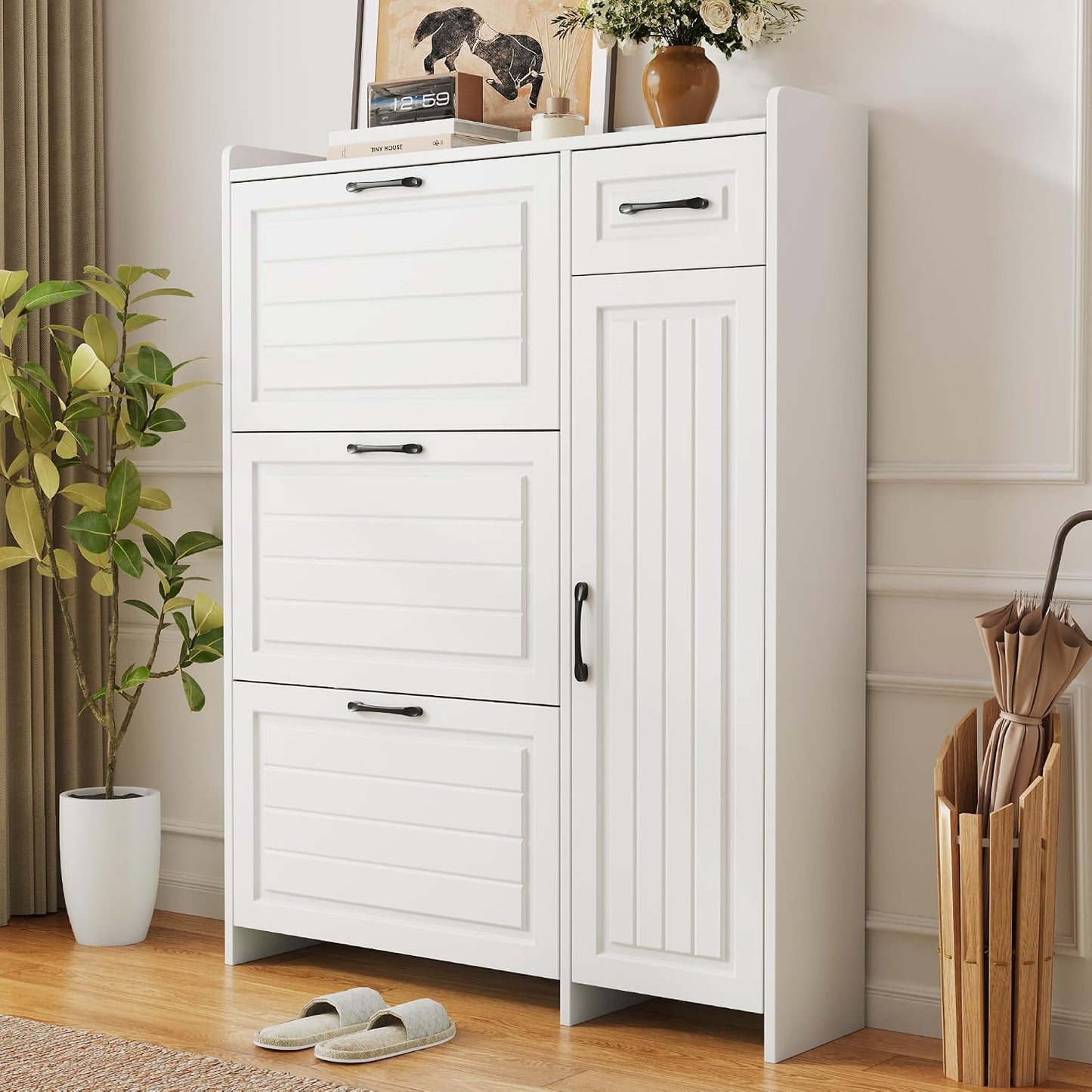 Meuble À Chaussures Avec 3 Compartiments Abattants, Tiroir, Compartiment Latéral À Étagères Réglables, Armoire À Chaussures Pour Entrée, Blanc