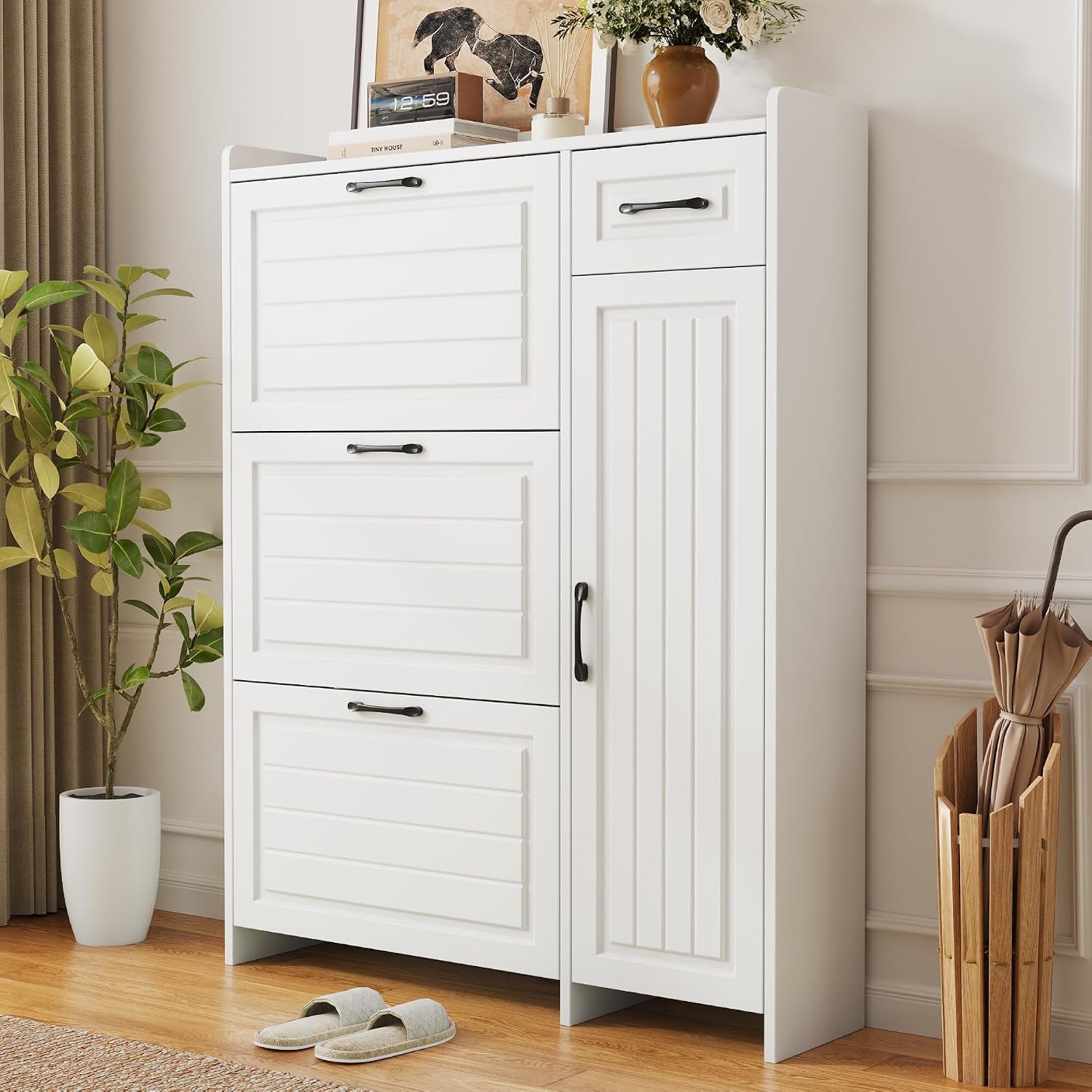 Meuble À Chaussures Avec 3 Compartiments Abattants, Tiroir, Compartiment Latéral À Étagères Réglables, Armoire À Chaussures Pour Entrée, Blanc