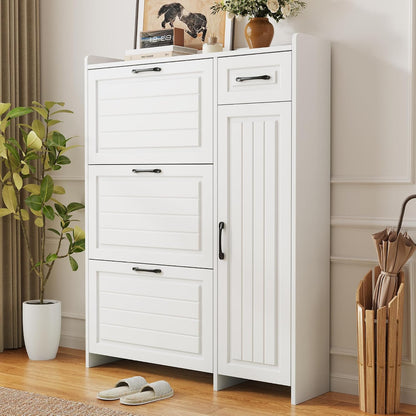 Meuble À Chaussures Avec 3 Compartiments Abattants, Tiroir, Compartiment Latéral À Étagères Réglables, Armoire À Chaussures Pour Entrée, Blanc