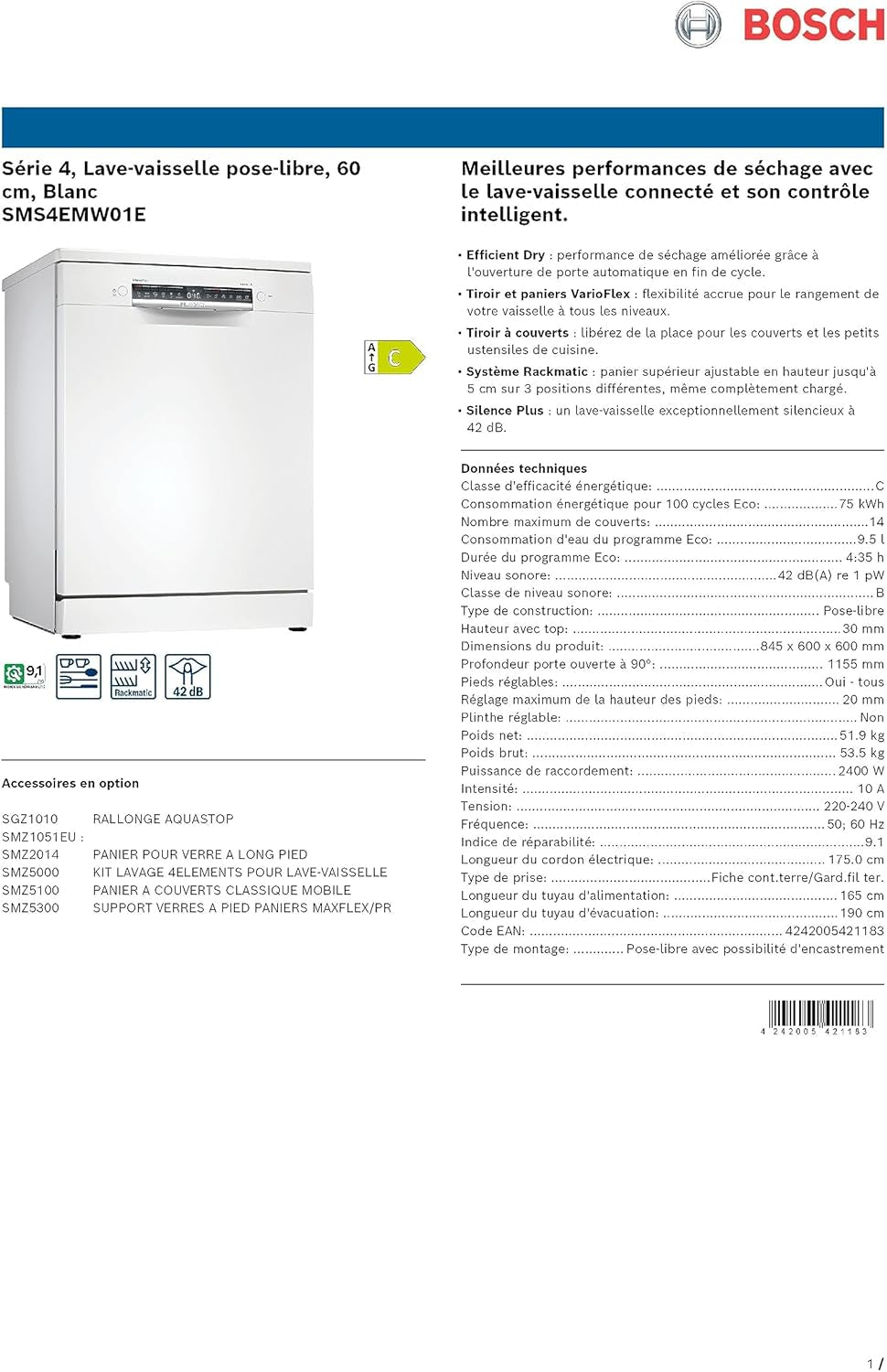 SMS4EMW01E - Série 4 - Lave-Vaisselle Pose-Libre - 60 Cm - 14 Couverts - Silence plus 42 Db - Blanc