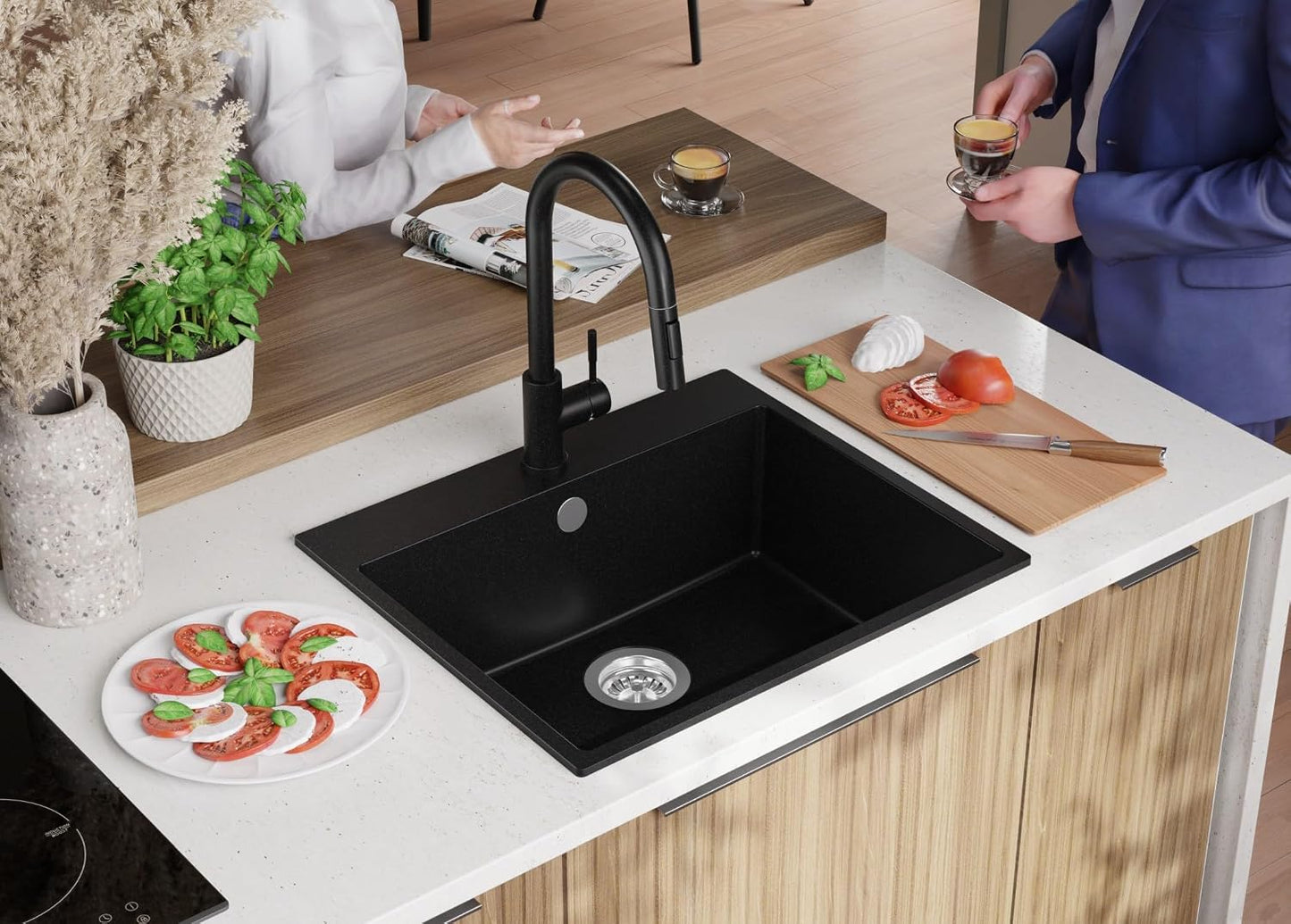 Evier Cuisine En Granit Noir - Riga, 58X50Cm | Lavabo 1 Bac + Kit De Vidage, Évier À Encastrer Au Meuble 60Cm (S305)