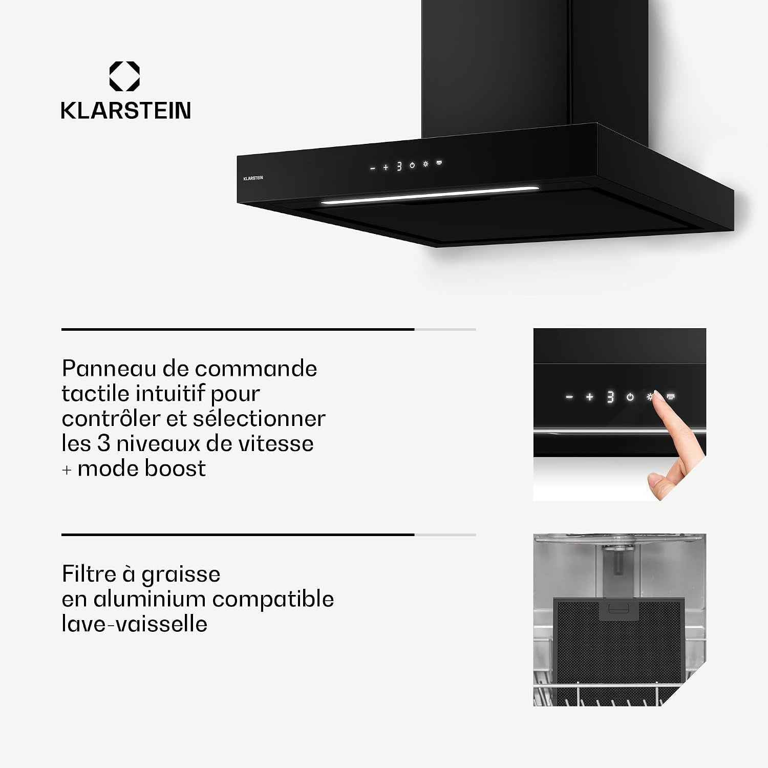 Vapura Hotte Murale – Extraction 609 M³/H, Capteur De Chaleur, Commandes Tactiles, Éclairage LED, Classe Énergétique A++