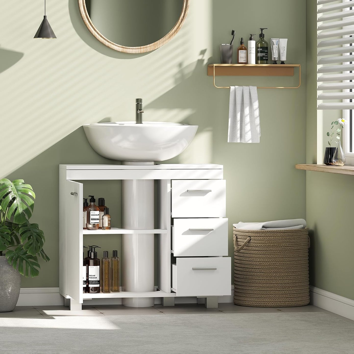 Meuble Sous Lavabo Salle De Bain 3 Tiroirs 70 X 30 X 64 Cm Blanc | Porte À Fermeture Amortie, Armoire Sous Lavabo, Style Moderne