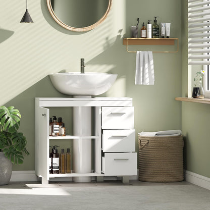 Meuble Sous Lavabo Salle De Bain 3 Tiroirs 70 X 30 X 64 Cm Blanc | Porte À Fermeture Amortie, Armoire Sous Lavabo, Style Moderne