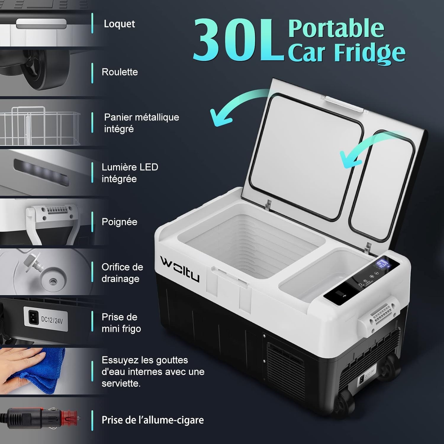 Glacière Électrique, Mini Congélateur, Glacière À Compression, Mini Frigo Portable, Glacière Pour Auto, 30 L, Avec Roulettes Et Port USB, 12/24 V Et 100-240 V, Kue013Wsz