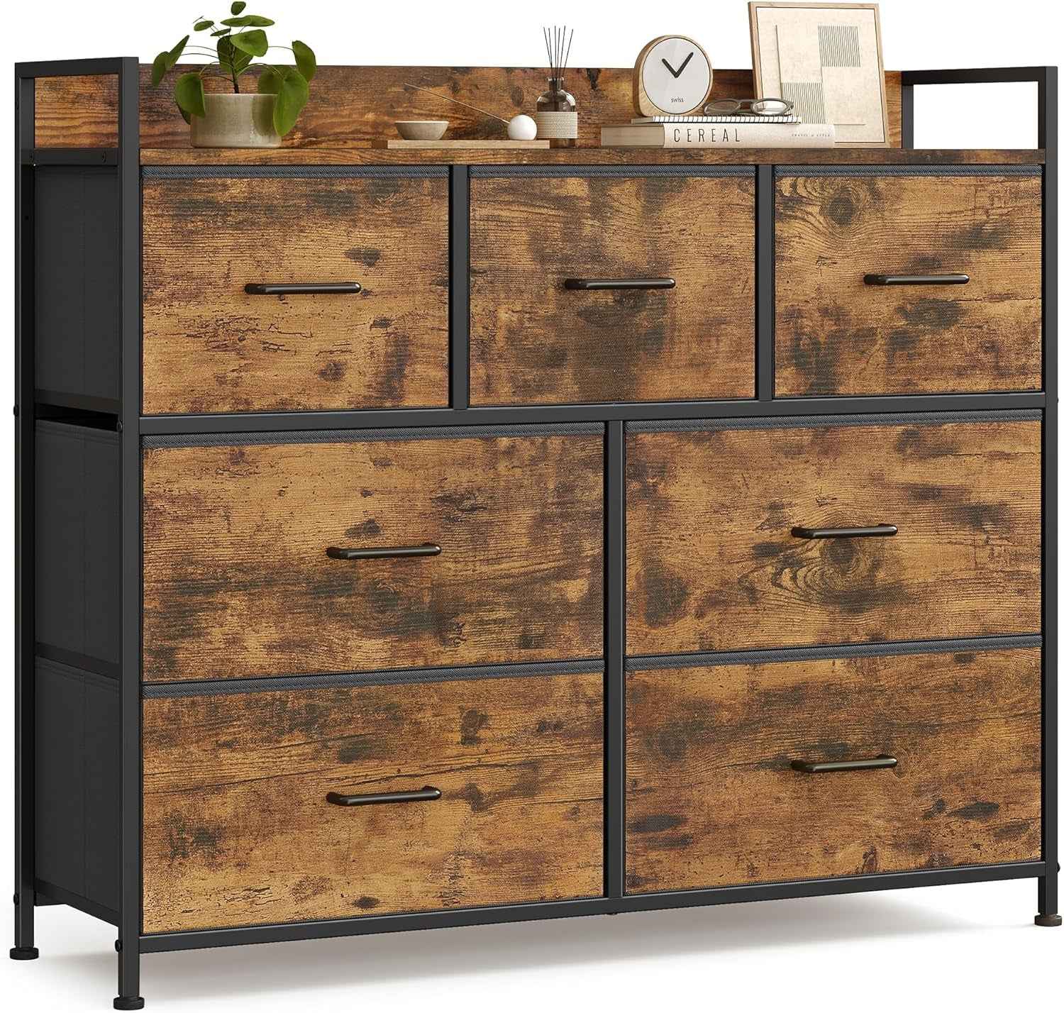 BELLAH Collection - Armoire, Meuble De Rangement, 5 Tiroirs En Tissu Avec Poignées, Cadre En Métal, Style Moderne, Marron Rustique Et Noir D'Encre LTS137BH01 | Design Basique Moderne, Encre Noire Et Marron Rustique, Collection BELLAH LTS137B01