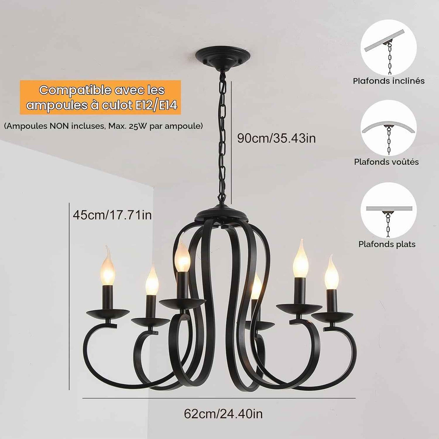 Lustre Vintage Français Pays Métal 6 Lumières Noir | Bougie Style Chaîne Réglable Suspendu Pour Salle À Manger Cuisine Îlot Foyer Ferme Éclairage Rustique