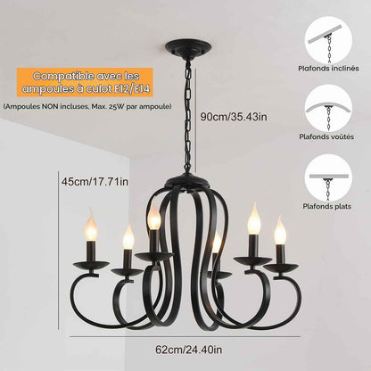 Lustre Vintage Français Pays Métal 6 Lumières Noir | Bougie Style Chaîne Réglable Suspendu Pour Salle À Manger Cuisine Îlot Foyer Ferme Éclairage Rustique