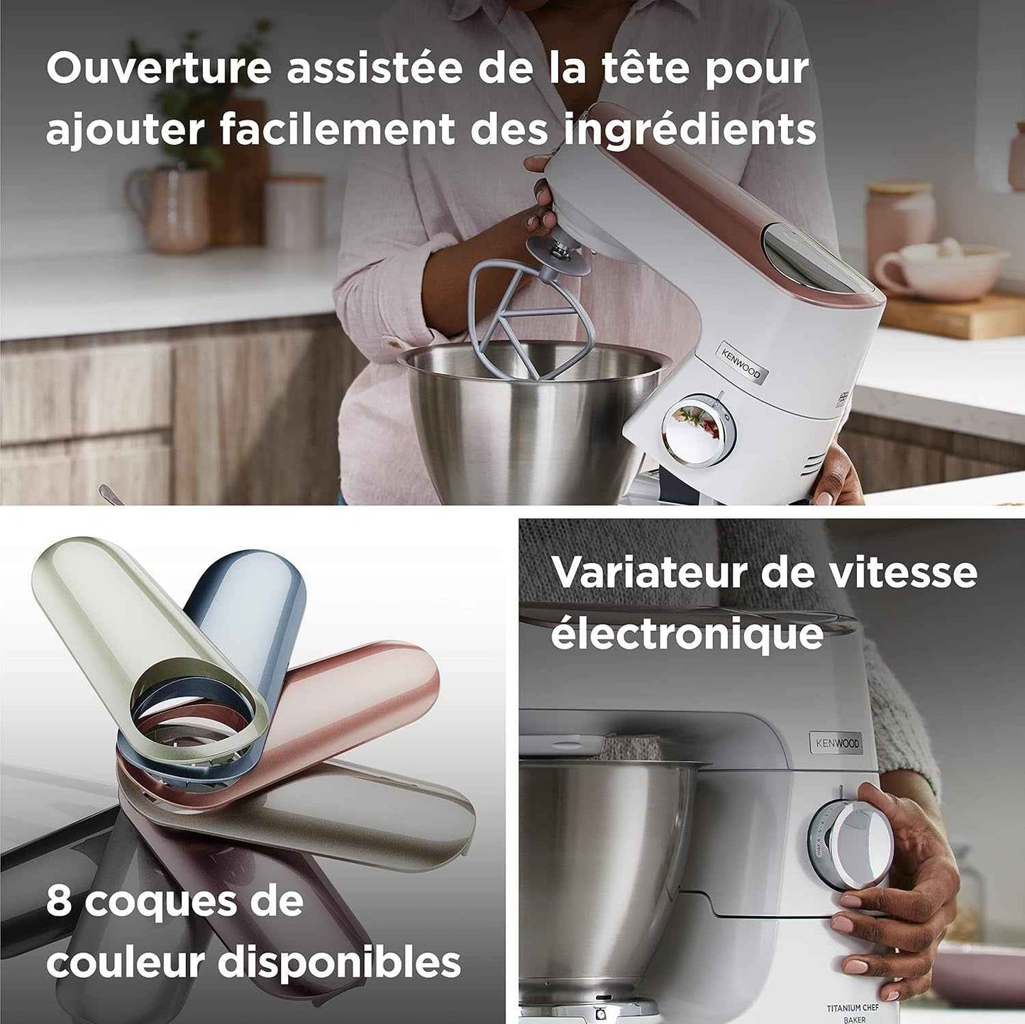 Kenwood Titanium Chef Baker KVC65.001WH, Robot Patissier Avec Balance Intégrée, Incl. Ensemble Pâtisserie 3 Pièces, Spatule & Protection Éclaboussures, 1200W, Blanc