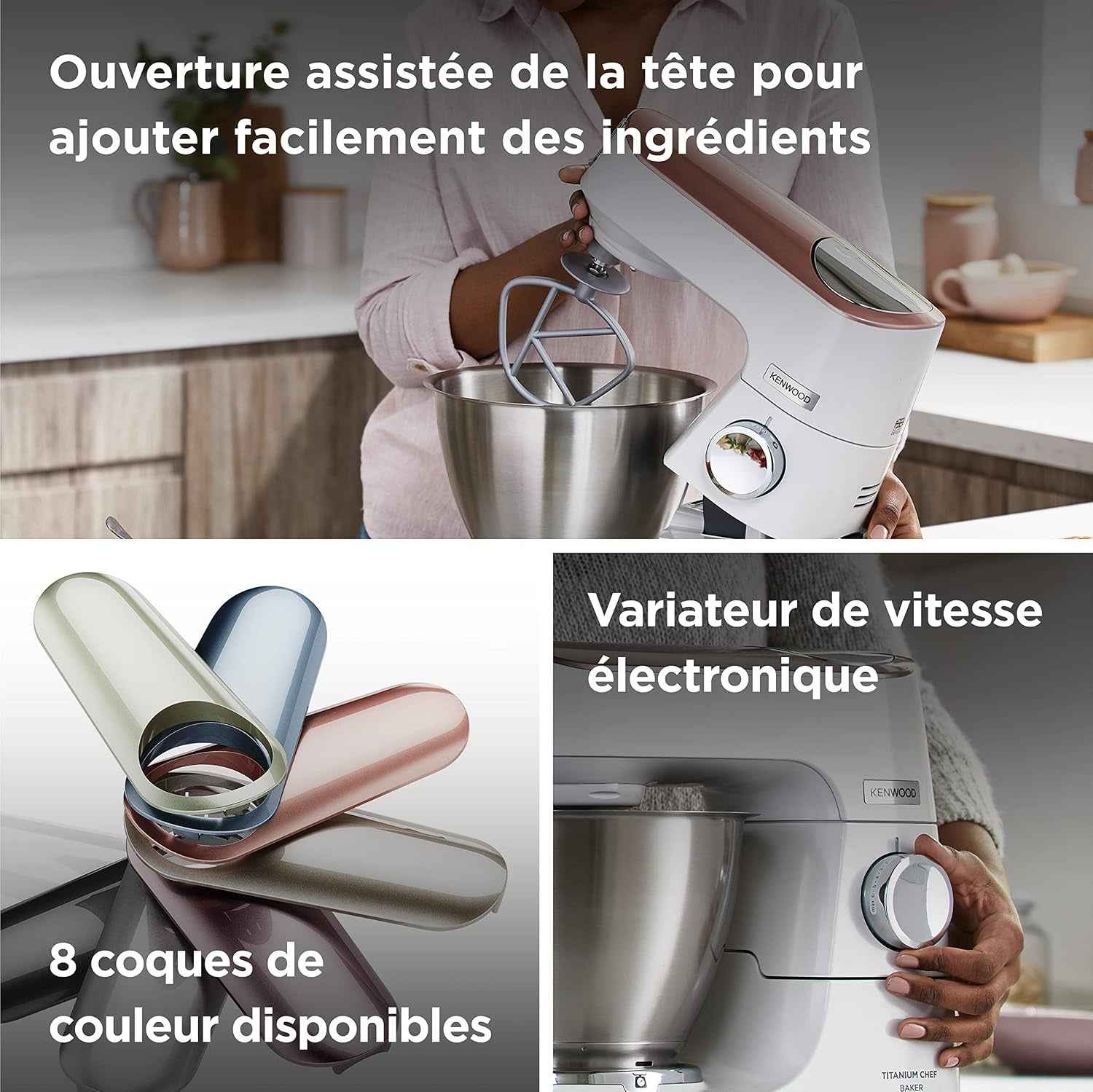 Kenwood Titanium Chef Baker KVC65.001WH, Robot Patissier Avec Balance Intégrée, Incl. Ensemble Pâtisserie 3 Pièces, Spatule & Protection Éclaboussures, 1200W, Blanc