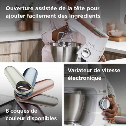 Kenwood Titanium Chef Baker KVC65.001WH, Robot Patissier Avec Balance Intégrée, Incl. Ensemble Pâtisserie 3 Pièces, Spatule & Protection Éclaboussures, 1200W, Blanc