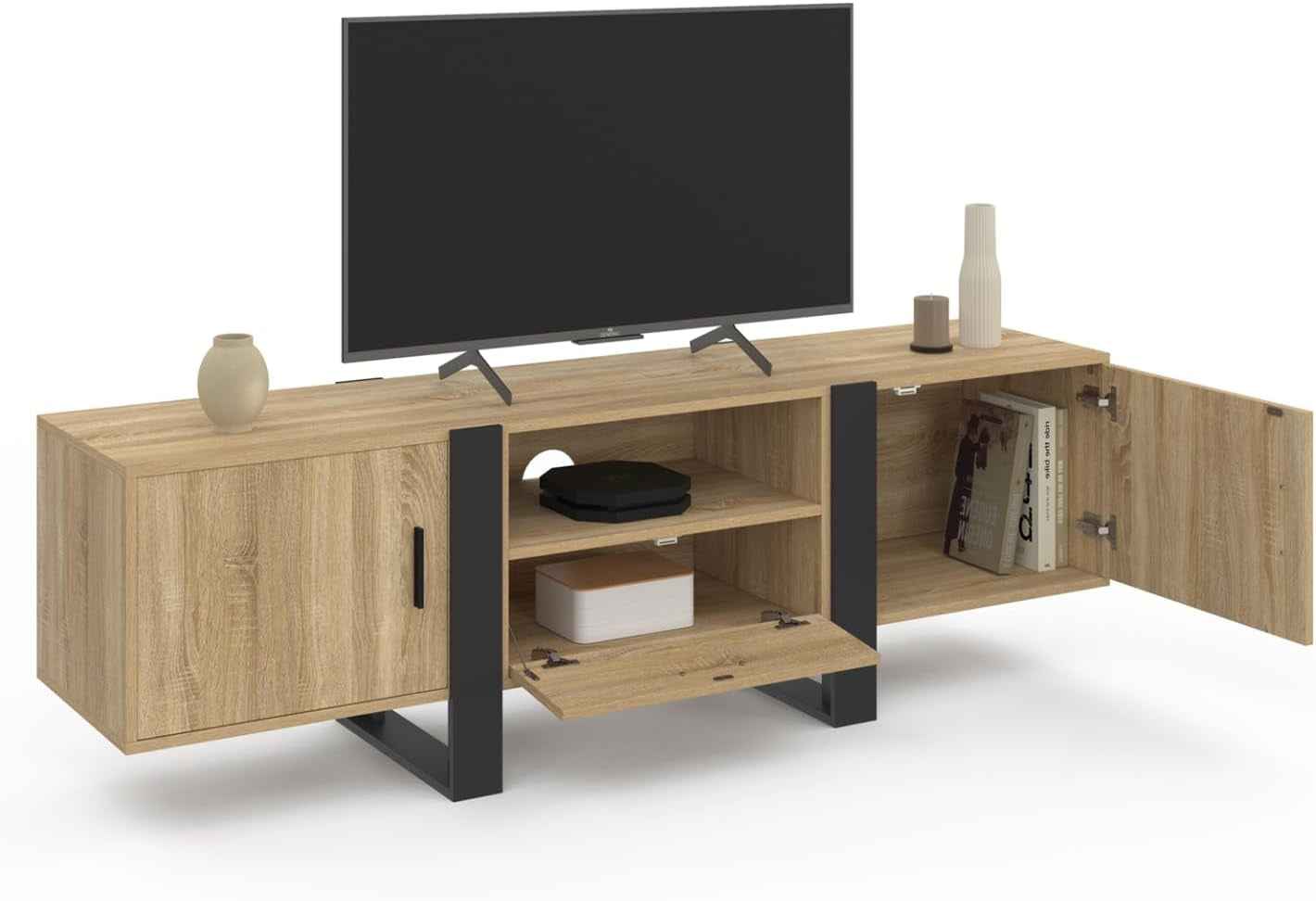 - Meuble TV 160 Cm Phoenix Avec Rangements Bois Et Noir