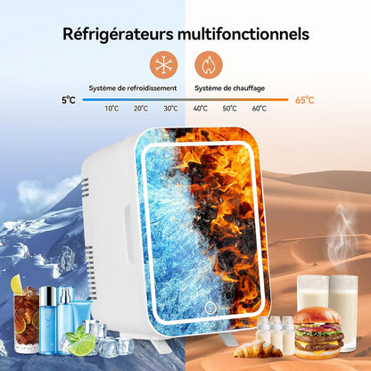 Mini Frigo Cosmétique 4L Avec Miroir LED, Frigo De Chambre Avec Fonction Chaud/Froid, Mini Réfrigérateur Portable, Petit Frigo Cosmétique 12V/220V, Miroir Maquillage Pour Voitures (Blanc)