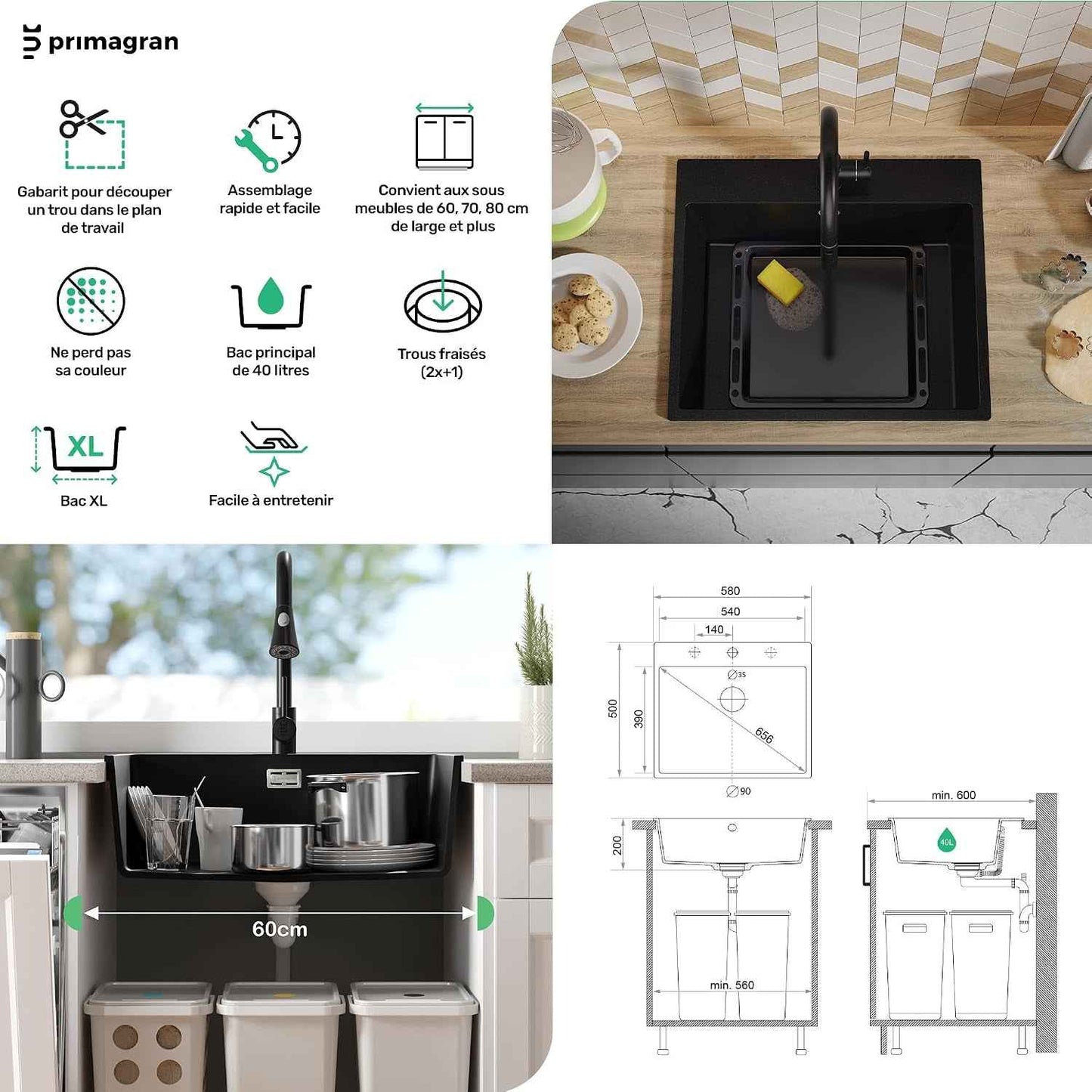 Evier Cuisine En Granit Noir - Riga, 58X50Cm | Lavabo 1 Bac + Kit De Vidage, Évier À Encastrer Au Meuble 60Cm (S305)