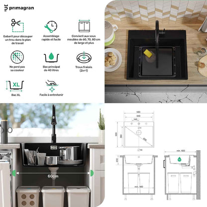 Evier Cuisine En Granit Noir - Riga, 58X50Cm | Lavabo 1 Bac + Kit De Vidage, Évier À Encastrer Au Meuble 60Cm (S305)