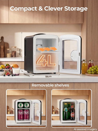Mini Frigo De Chambre Capacité De 4L, 6 Canettes 355Ml, Réfrigérateur Voiture 12V 220V Silencieux Petit Frigo Cosmetique, Fonction Chaud/Froid, Pour Domestique Voiture, Noir