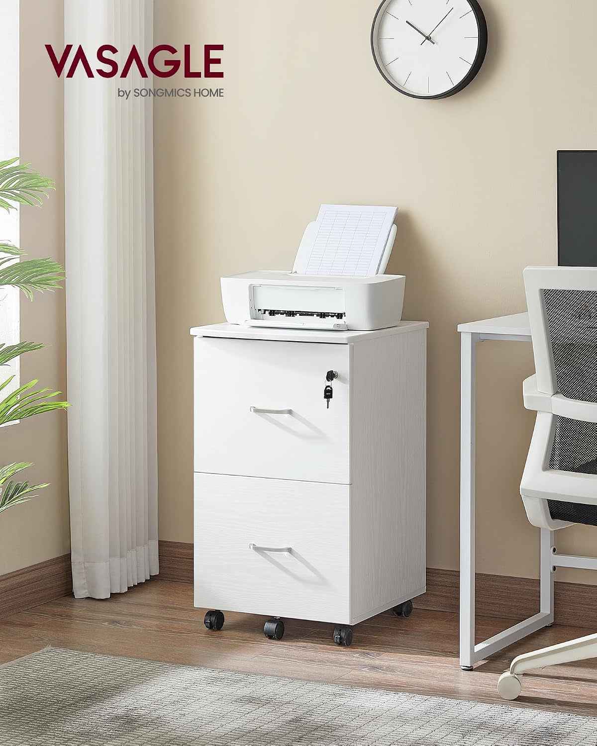 CUSTOS Collection - Caisson Mobile, Classeur, 2 Tiroirs, Support D’Imprimante, Meuble De Bureau, Verrouillable, Pour Documents Au Format A4, Dossier Suspendu, Blanc LCD027WE02