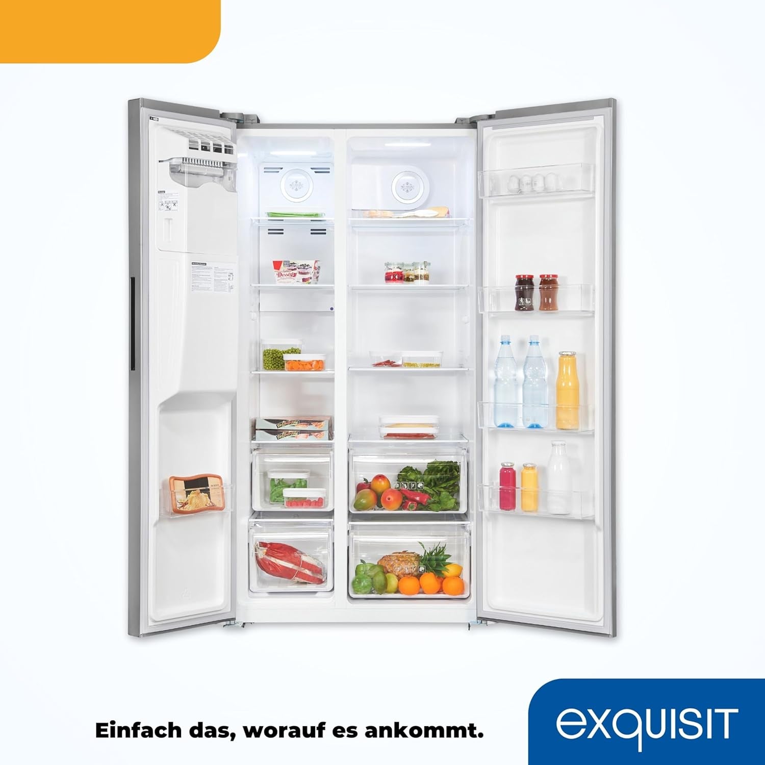 Exquisit SBS520-CF-040E Side by Side Kühlschrank, 91 Cm Breit, 475L, Nofrost, Ice-Maker, Festwasseranschluss, Inoxlook