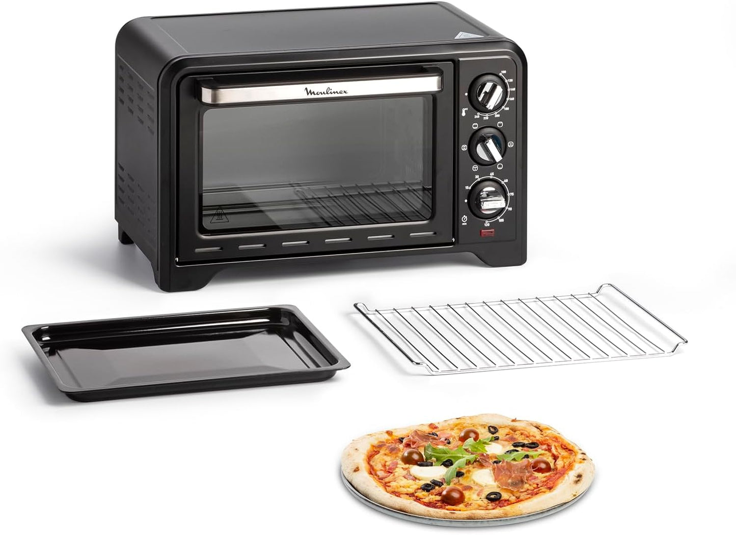 Four Électrique Posable 19 L, Compact, Chaleur Tournante, 6 Modes De Cuisson, Thermostat Réglable Jusqu’À 240°C, Minuteur 120 Min, Grille Réversible, Lèche Frites, Optimo Noir OX444810