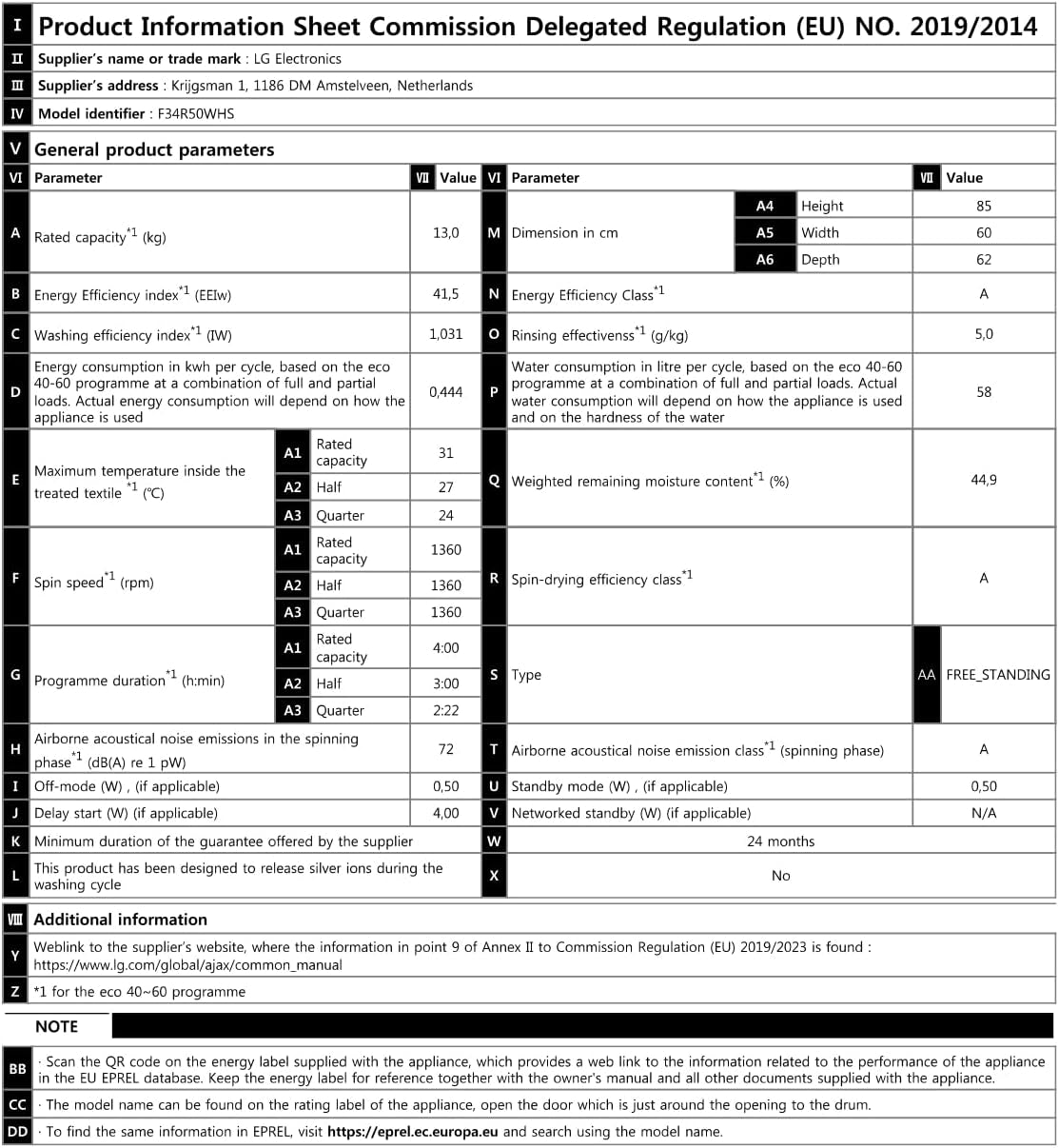 Lave-Linge Frontal LG F34R50WHS