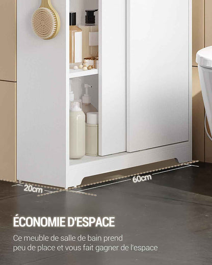 Meuble De Salle De Bain, Meuble Toilette Avec Rangement Papier Toilette Et Crochets, Portes Coulissantes, Étagère Réglable, 20 X 60 X 80 Cm, Blanc BC62813X