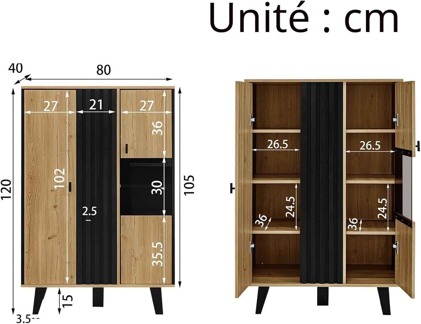 Buffet Noir Et Bois Avec 4 Grandes Étagères, Vitrine Avec Verre Et Lumières LED, Armoire Multifonction Pour Salon, Chambre, Couloir Et Salle À Manger (A)
