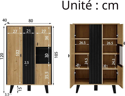 Buffet Noir Et Bois Avec 4 Grandes Étagères, Vitrine Avec Verre Et Lumières LED, Armoire Multifonction Pour Salon, Chambre, Couloir Et Salle À Manger (A)