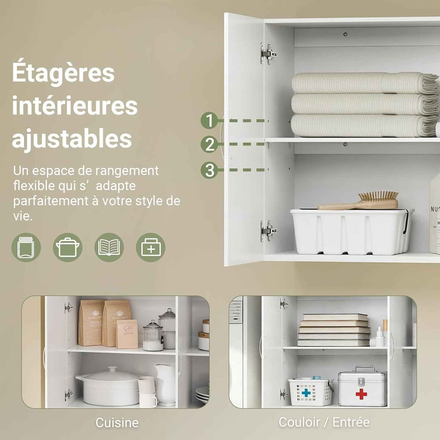 Meuble Haut Cuisine Avec 3 Portes & Étagères Réglables MDF Blanc | Placard Cuisine Mural Armoire Murale Cuisine Pour Épices, Meuble Suspendu Cuisine, Charge 36Kg, 90X30X60Cm, FRG231-L-W