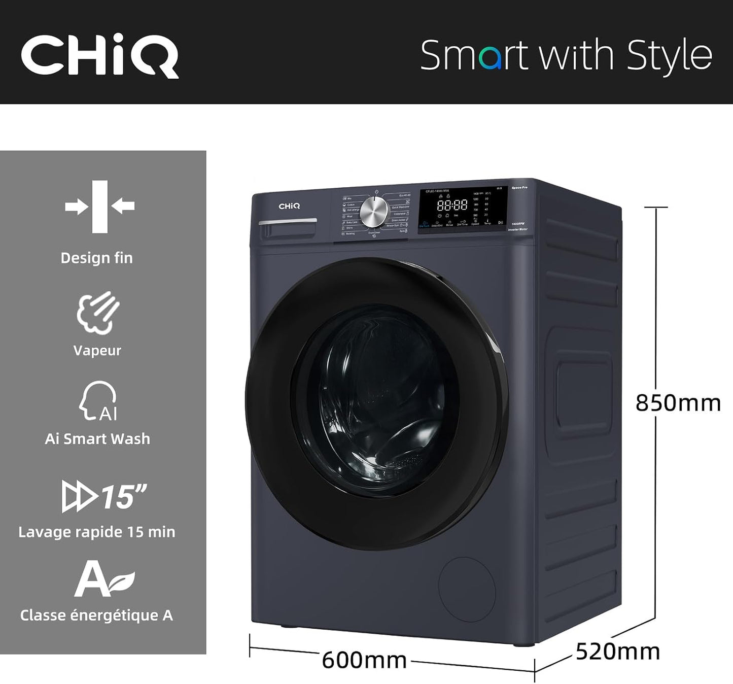 8Kg Lave-Linge Avec Classe A-15% & Smart One Touch Gris | Lavage Vapeur, Programme Literie, Baby Care, Doudoune, Moteur Inverter, 1400 T/Min, 520Mm, 76Db, CFL80-14586IM3XA