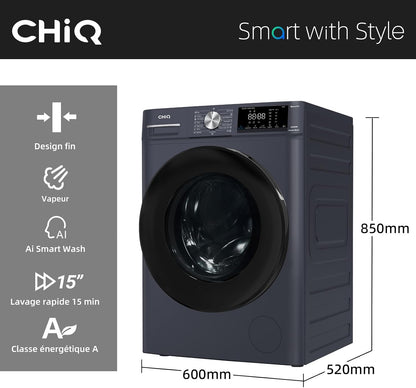 8Kg Lave-Linge Avec Classe A-15% & Smart One Touch Gris | Lavage Vapeur, Programme Literie, Baby Care, Doudoune, Moteur Inverter, 1400 T/Min, 520Mm, 76Db, CFL80-14586IM3XA