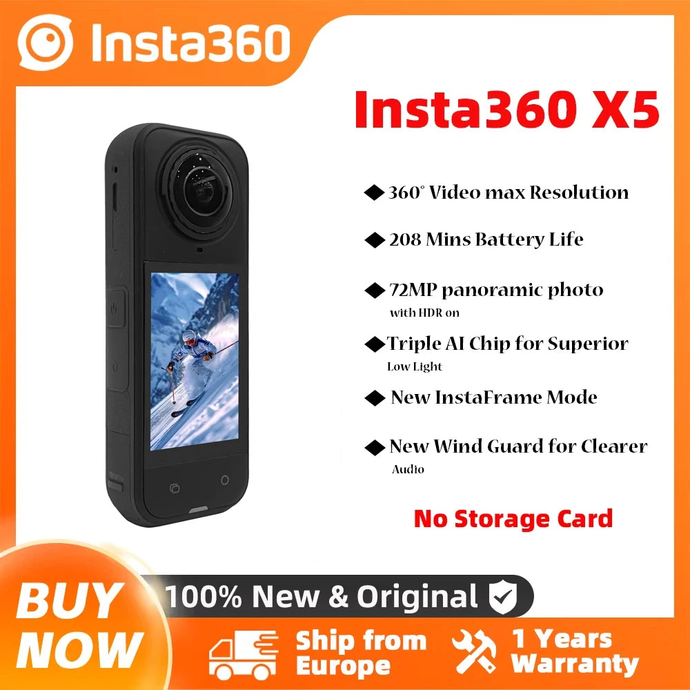 Insta360 X5 action camera, new 8K 30fps version, interchangeable lenses, triple IA chip, upper performance in low light, full minutes, Insta 360 X5 GWmarket