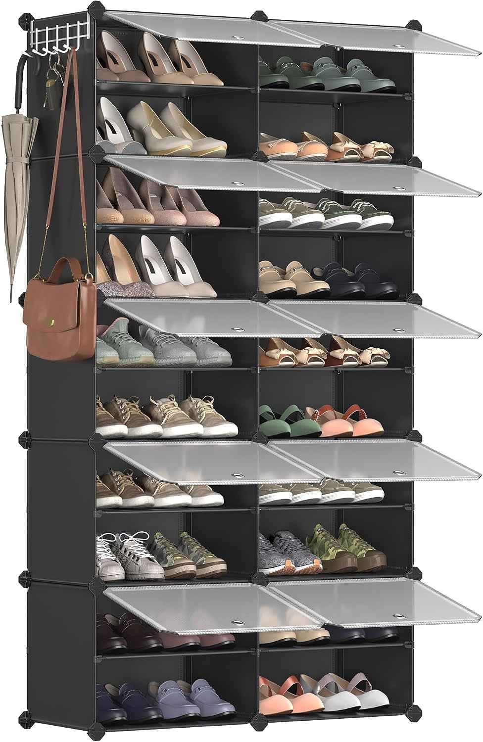 Étagère À Chaussures 10 Compartiments, Étagère De Rangement Modulable, Compartiment De 30 X 40 X 30 Cm, Porte, Cadre En Acier, Plastique, Pour Couloir, Chambre, Entrée, Noir LPC035B01