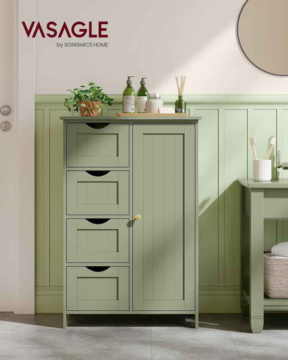 Meuble Salle De Bain Rangement, Armoire Gain De Place, Commode, Avec 4 Tiroirs, Placard Avec Porte, Étagère Réglable, 30 X 55 X 82 Cm, Vert Forêt LHC041C02