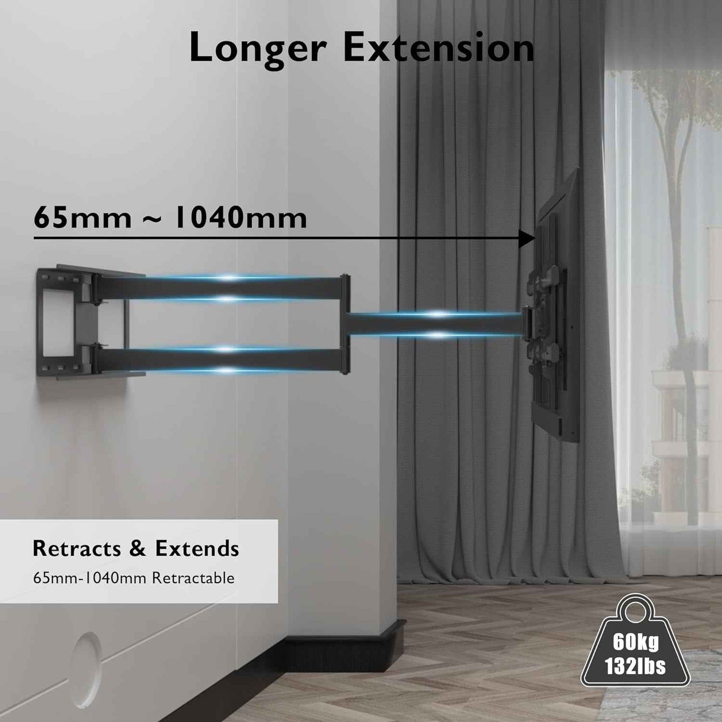 Support Mural TV À Extra Longue, 32-75 Pouces, Portée 1040 Mm | Charge Maximale 60 Kg, VESA Max 600X400 Mm, Pivotement, Inclinaison Et Rotation, Écrans Plats Ou Incurvés